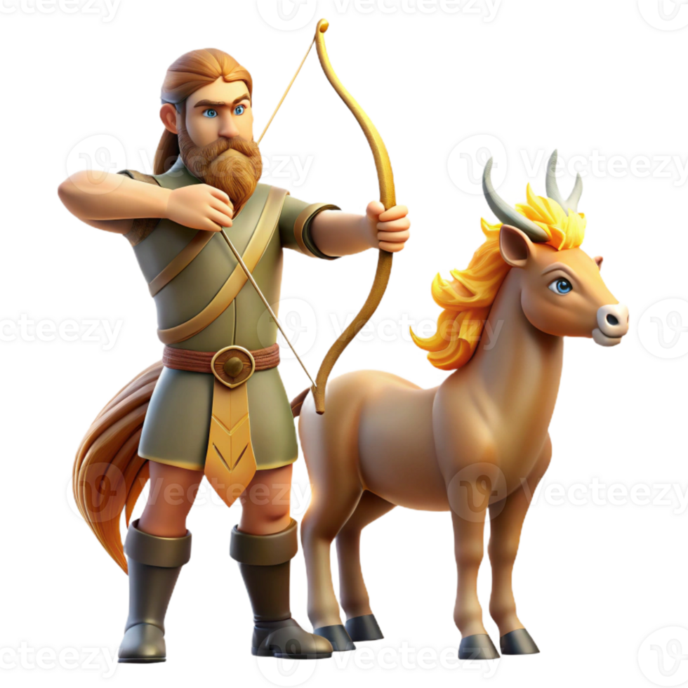 impressive abstract A wise centaur, with a long, flowing beard and intricate tribal tattoos, teaching archery to a young human. Warm, golden hour lighting. Realistic style high resolution png