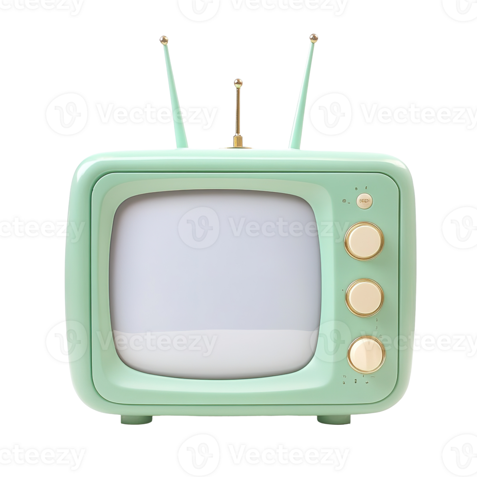 A mint colored retro television set with antenna showing display png