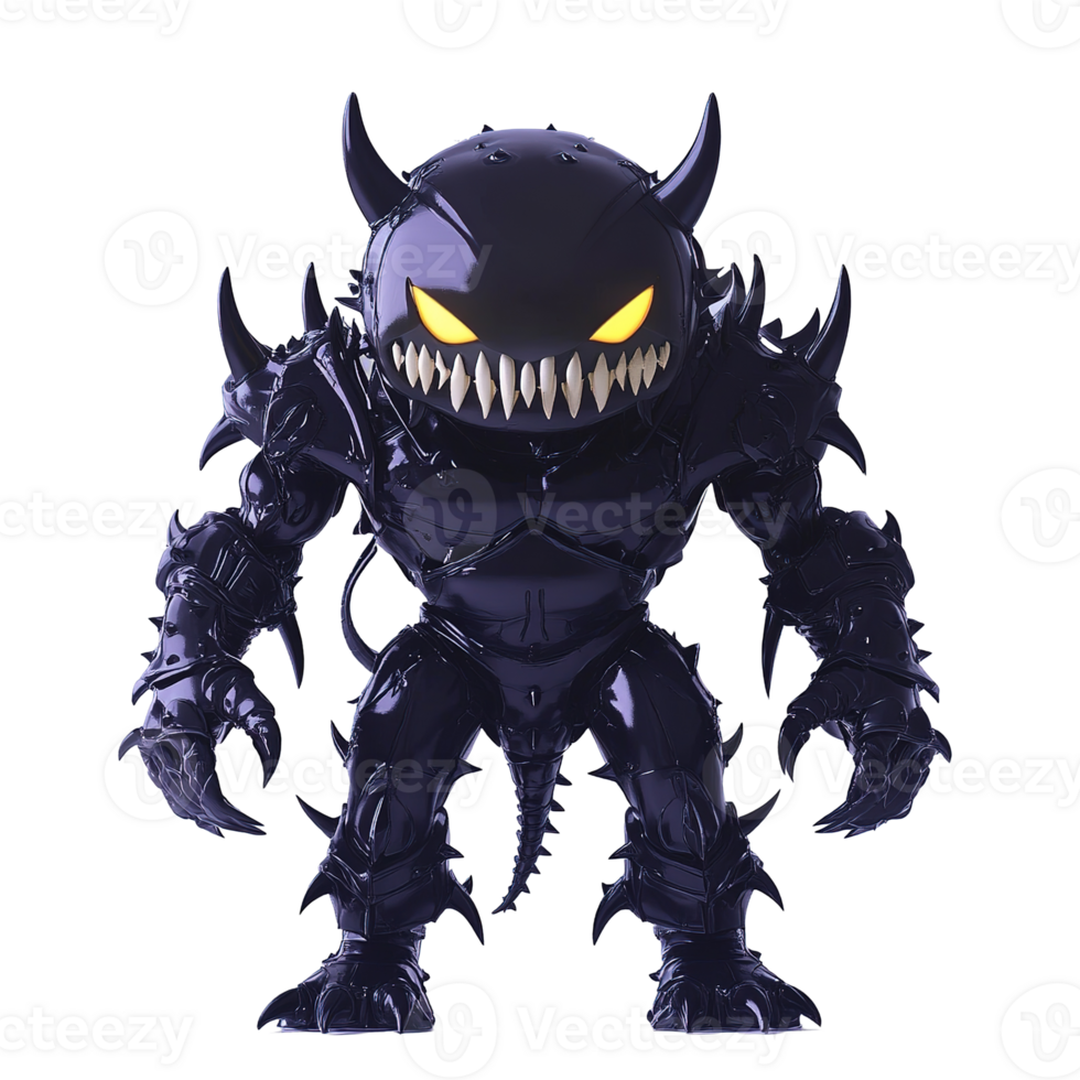 A fearsome horned monster character with glowing yellow eyes looks forward png