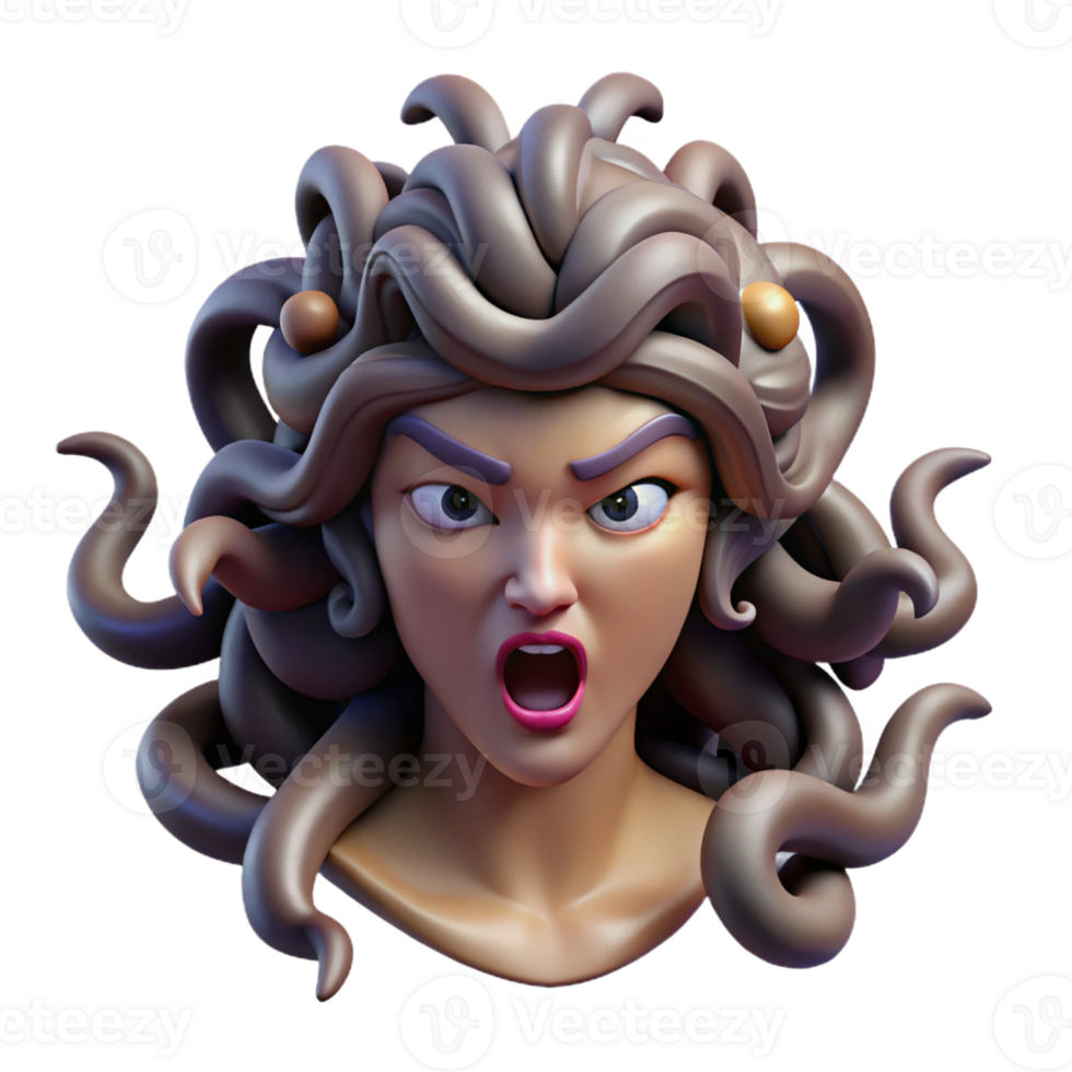 vibrant modern A fierce Medusa, with snakes for hair, each with individual scales and eyes, turning a warrior to stone. Dark, dramatic lighting. Baroque style exclusive png