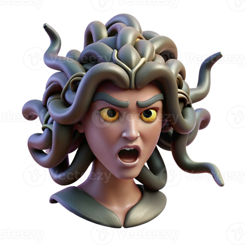 dramatic creative A fierce Medusa, with snakes for hair, each with individual scales and eyes, turning a warrior to stone. Dark, dramatic lighting. Baroque style premium png