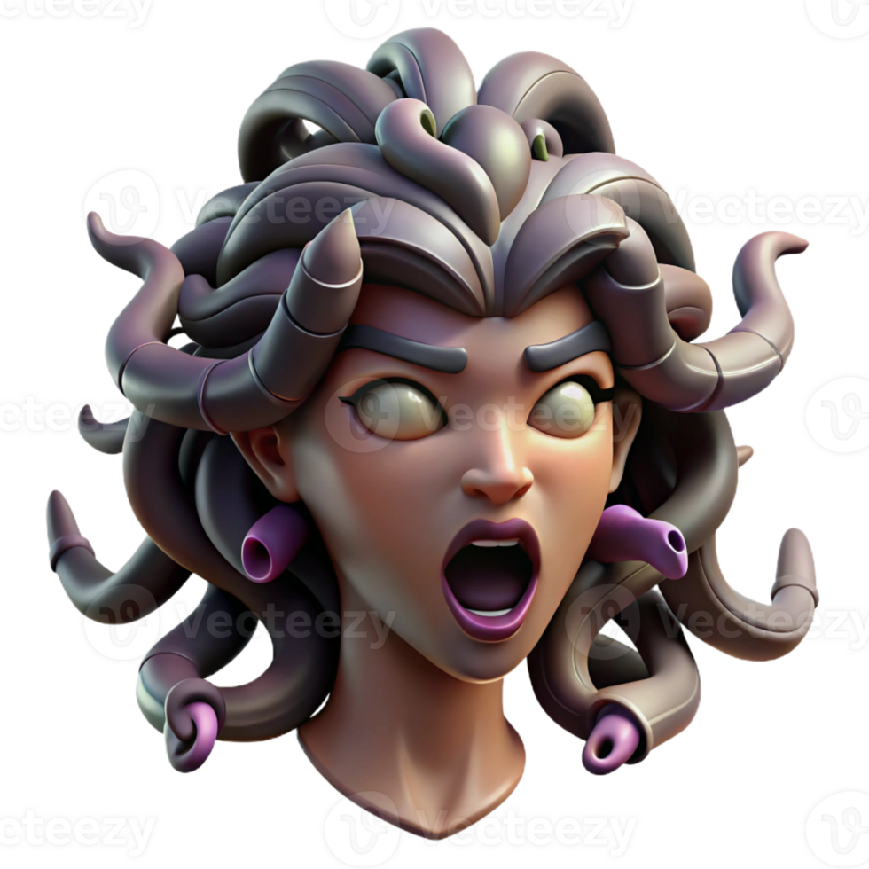 wonderful rustic A fierce Medusa, with snakes for hair, each with individual scales and eyes, turning a warrior to stone. Dark, dramatic lighting. Baroque style exclusive png