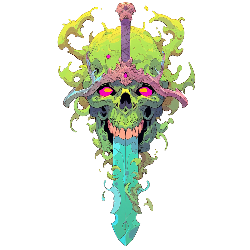 A glowing skull sword impaled through its jaw and head png