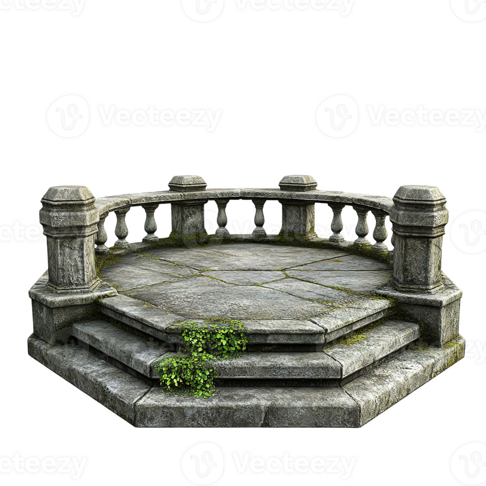 Weathered stone platform with steps and ornate balustrade railing png