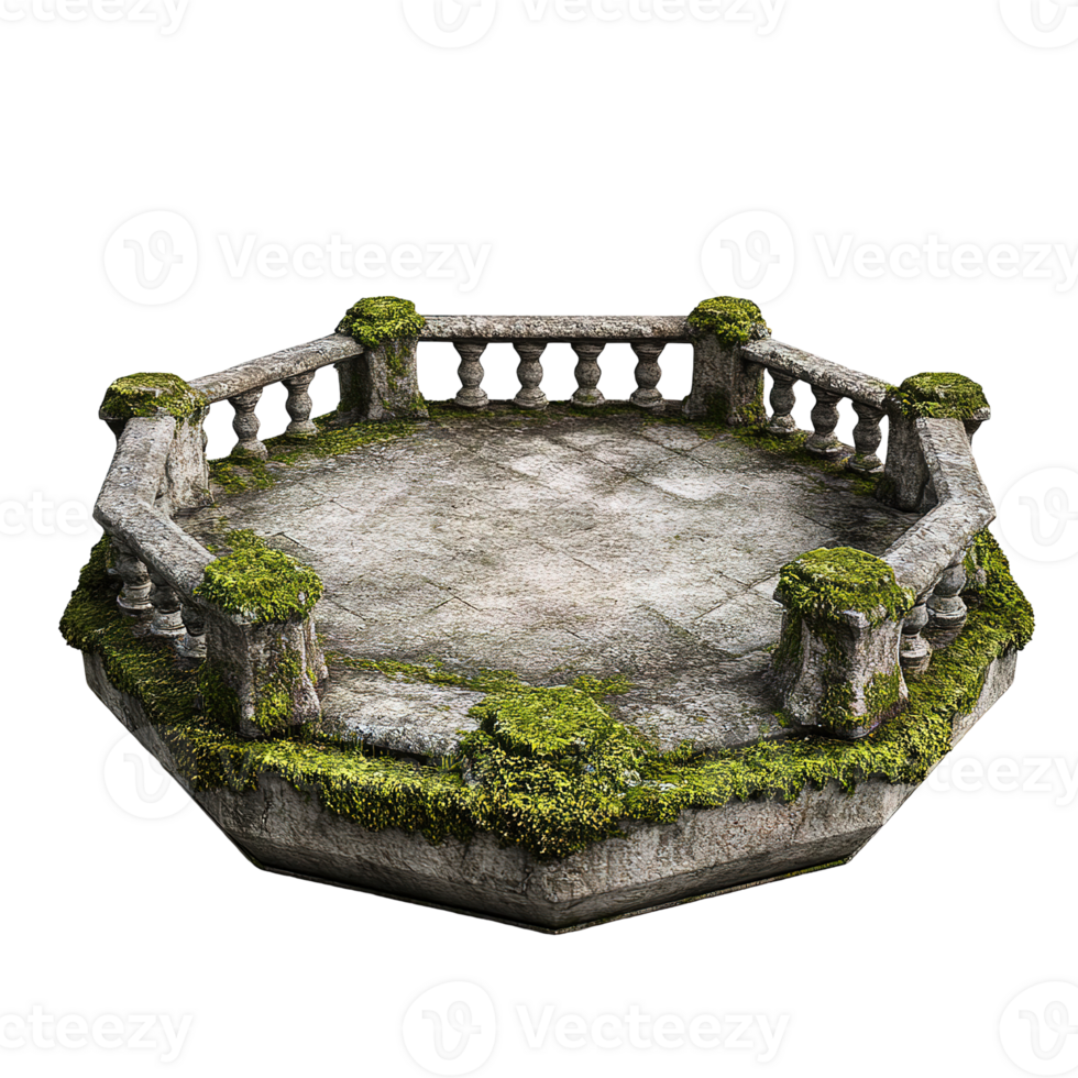 An aged moss covered stone balcony with ornate balustrade features png