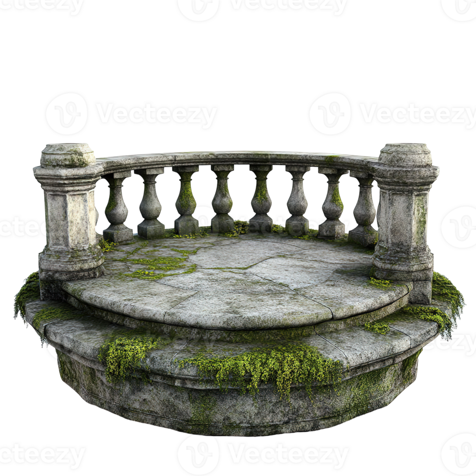 A weathered stone balcony structure with decorative balustrade and plants png