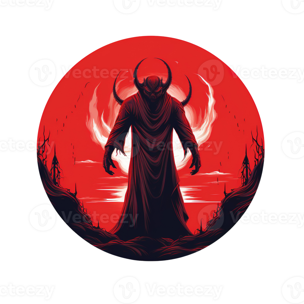 A cloaked figure with horns stands before a red circle png