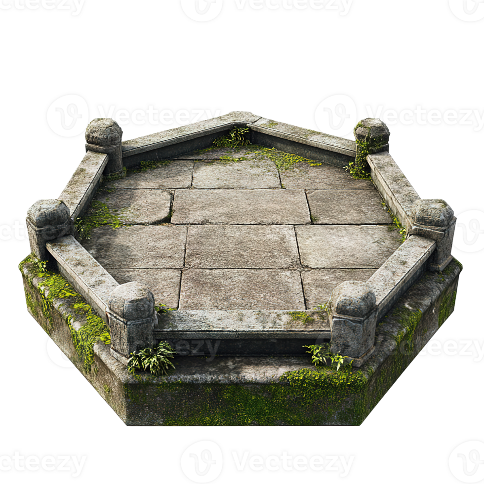 A weathered stone platform with railing and flourishing green moss png