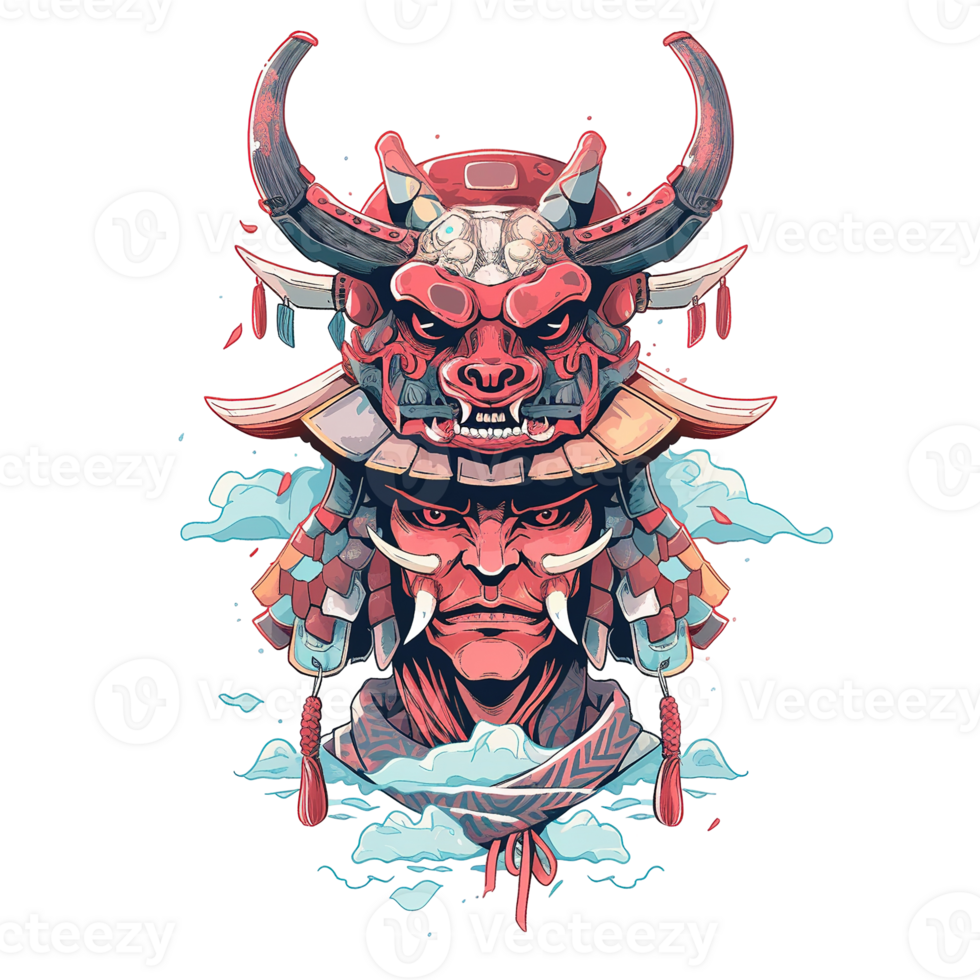 A stylized illustration depicts a fearsome warrior with armor and horns png