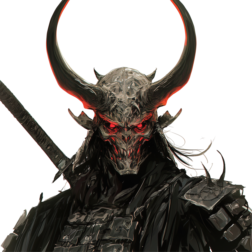 A fearsome figure with large horns and glowing red eyes png