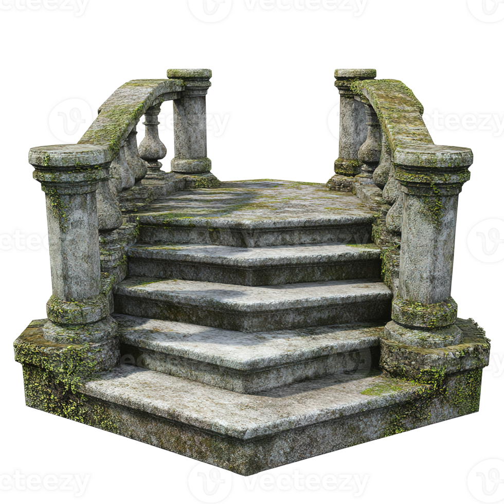 Old stone staircase with balustrade and moss growth on the surface png