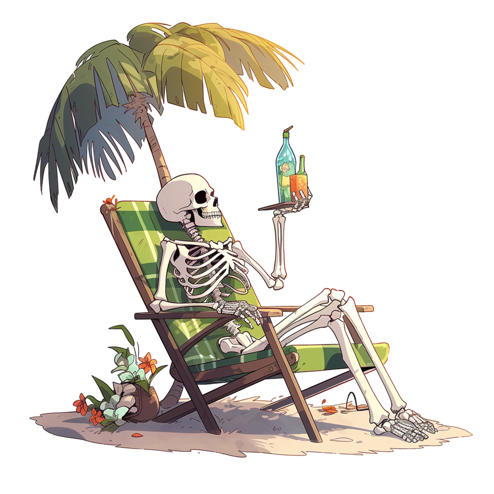 A relaxed skeleton enjoys vacation time under a palm umbrella png