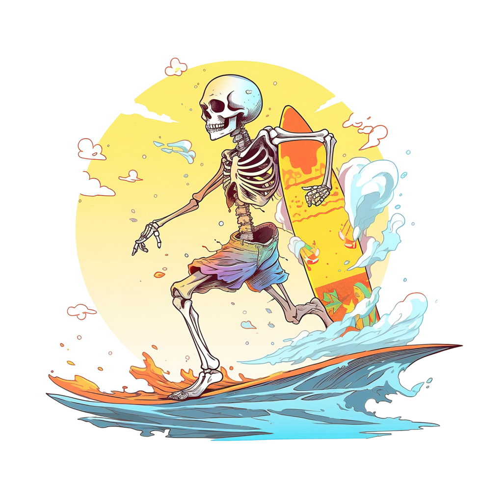 Skeleton is surfing the waves on a sunny beautiful day png