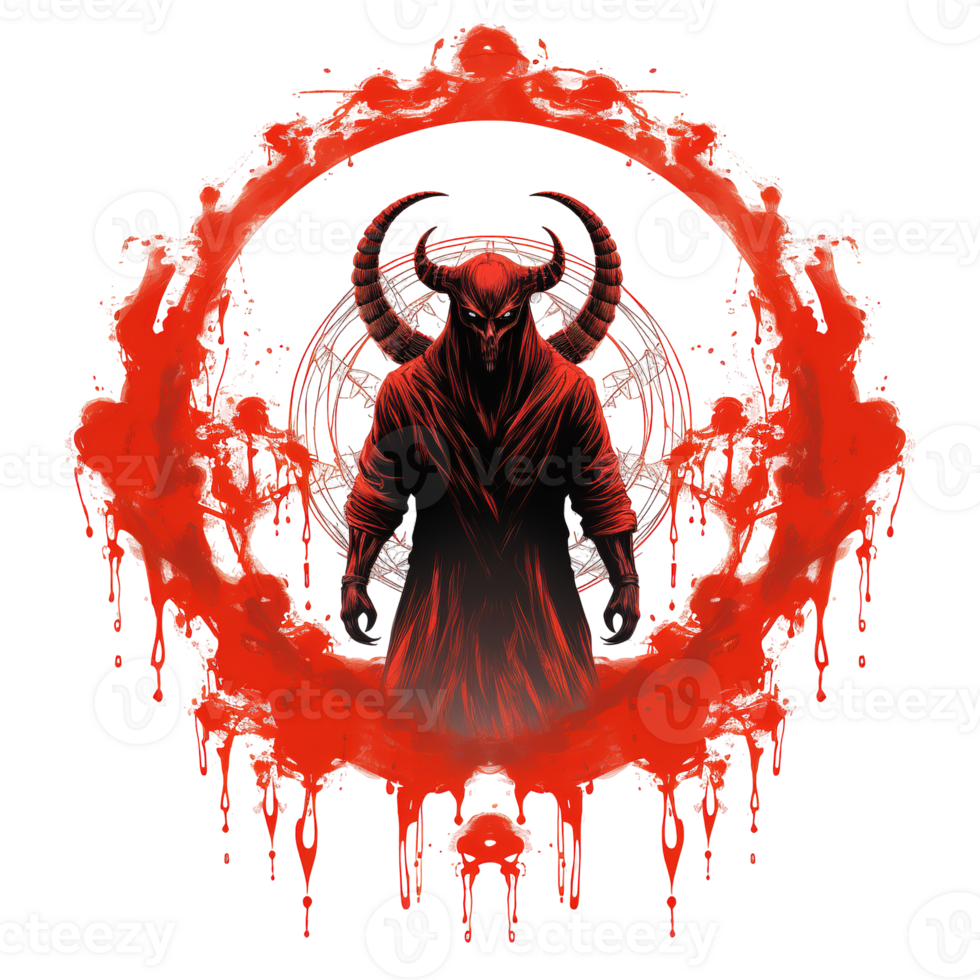 A demonic figure within a red fiery circular ornamental design png