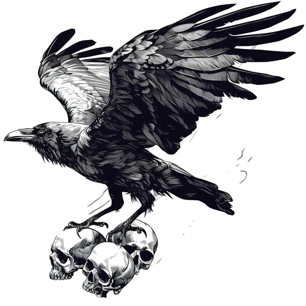 A black raven perched upon several human skulls with wings open png