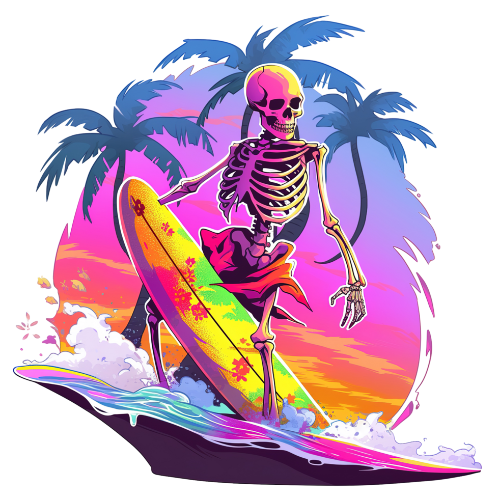 A Skeleton Surfs With A Board Amidst Palms And Sunset png