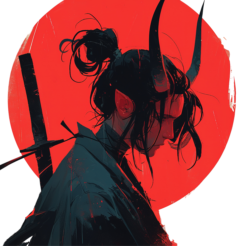 A stylized illustration depicting a horned figure with a sword png