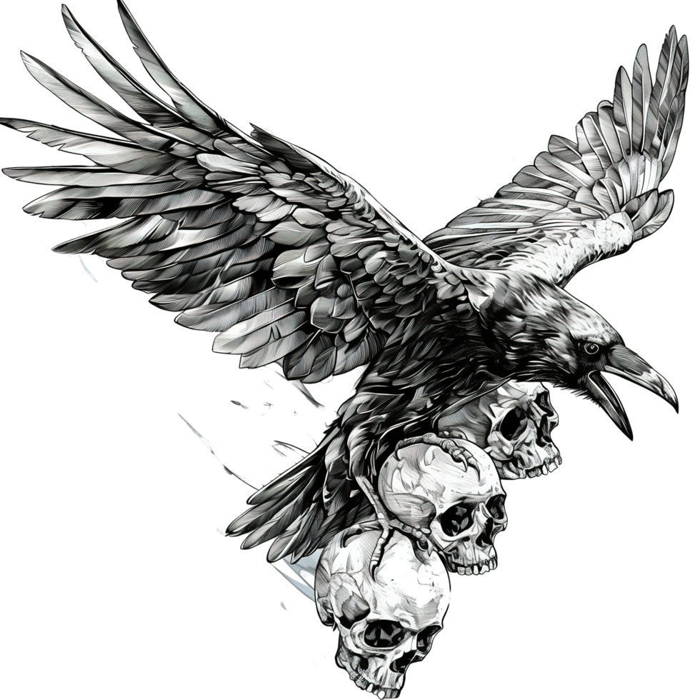 A raven perched atop skulls with open outstretched wings displays png