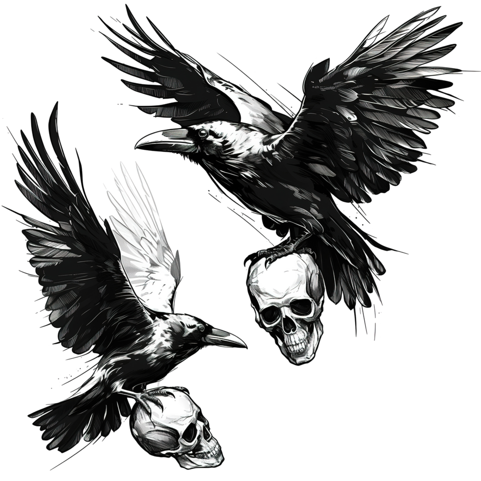 Two ravens are perched upon human skull representations in illustration png