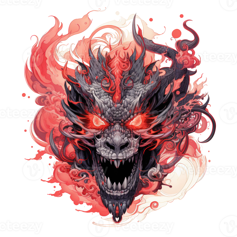 A terrifying dragon head with red glowing eyes and fire png