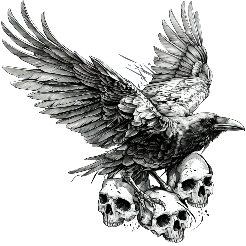 A raven with outstretched wings perched on top of skulls png