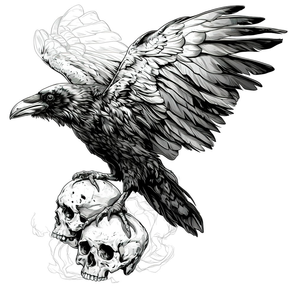 A black raven with open wings perched on two skulls png