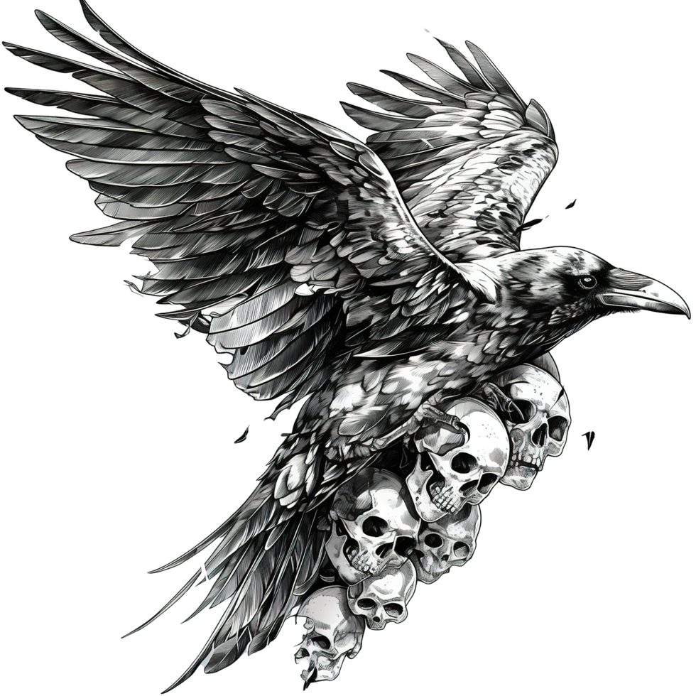 A raven perched atop a pile of human skulls flying png