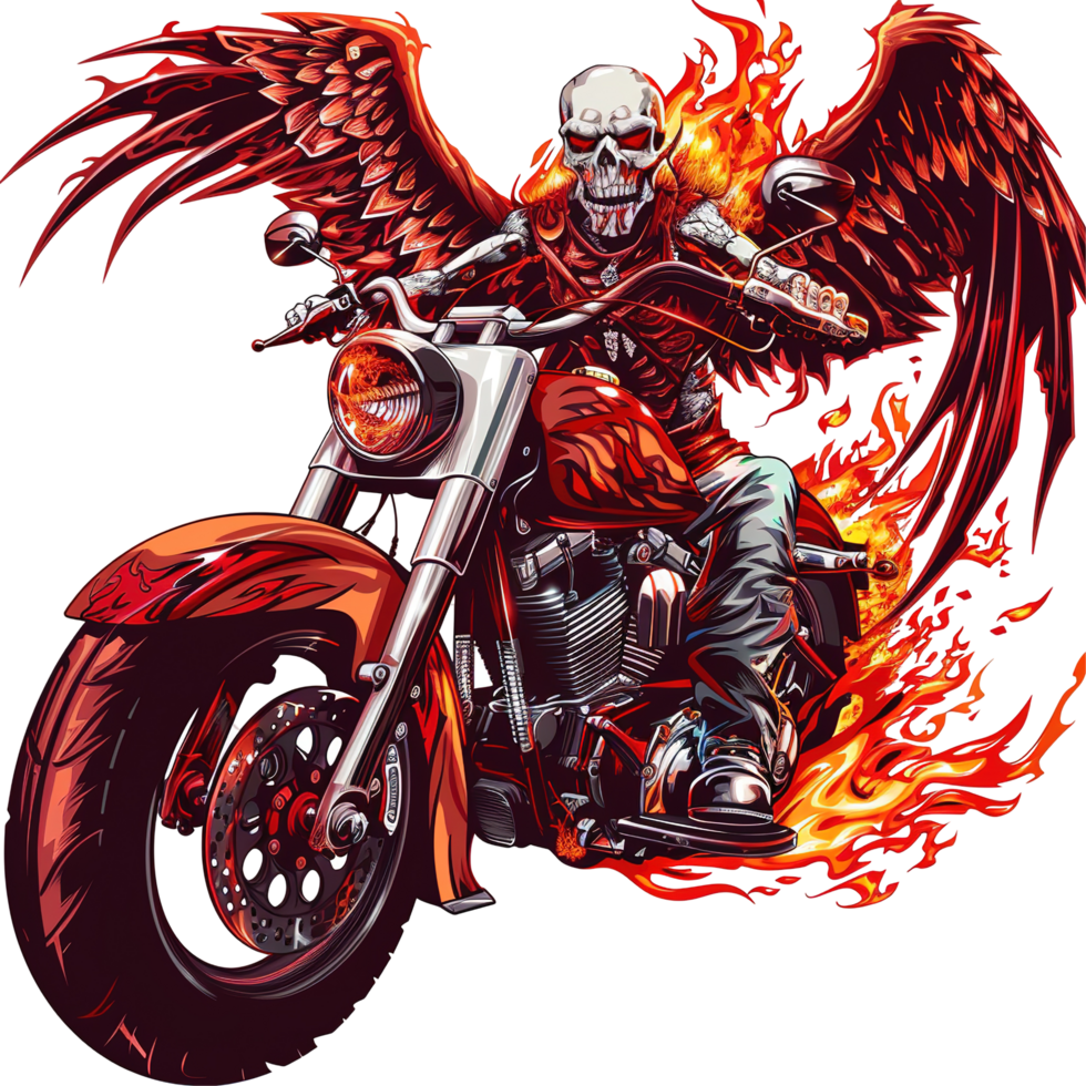 Fiery Skeleton With Wings Riding A Motorcycle Through Flames png