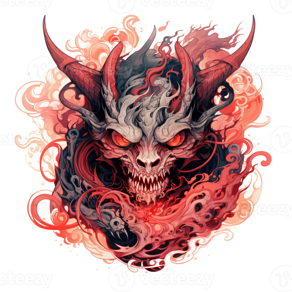 A fearsome demon with red eyes and sharp teeth is depicted png