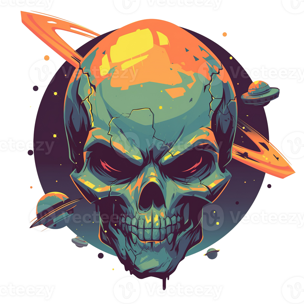 A stylized skull floats within a cosmic space environment scene png