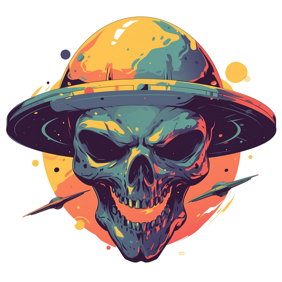A Colorful Skull Wearing a Futuristic Saucer Shaped Hat png