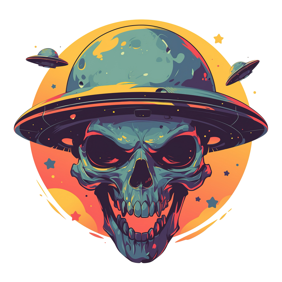A stylized skull wearing a spaceship themed hat with flying saucers png