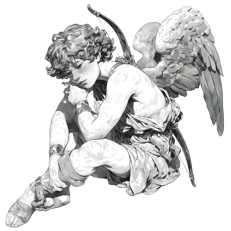 A contemplative angel figure with feathered wings and a bow png