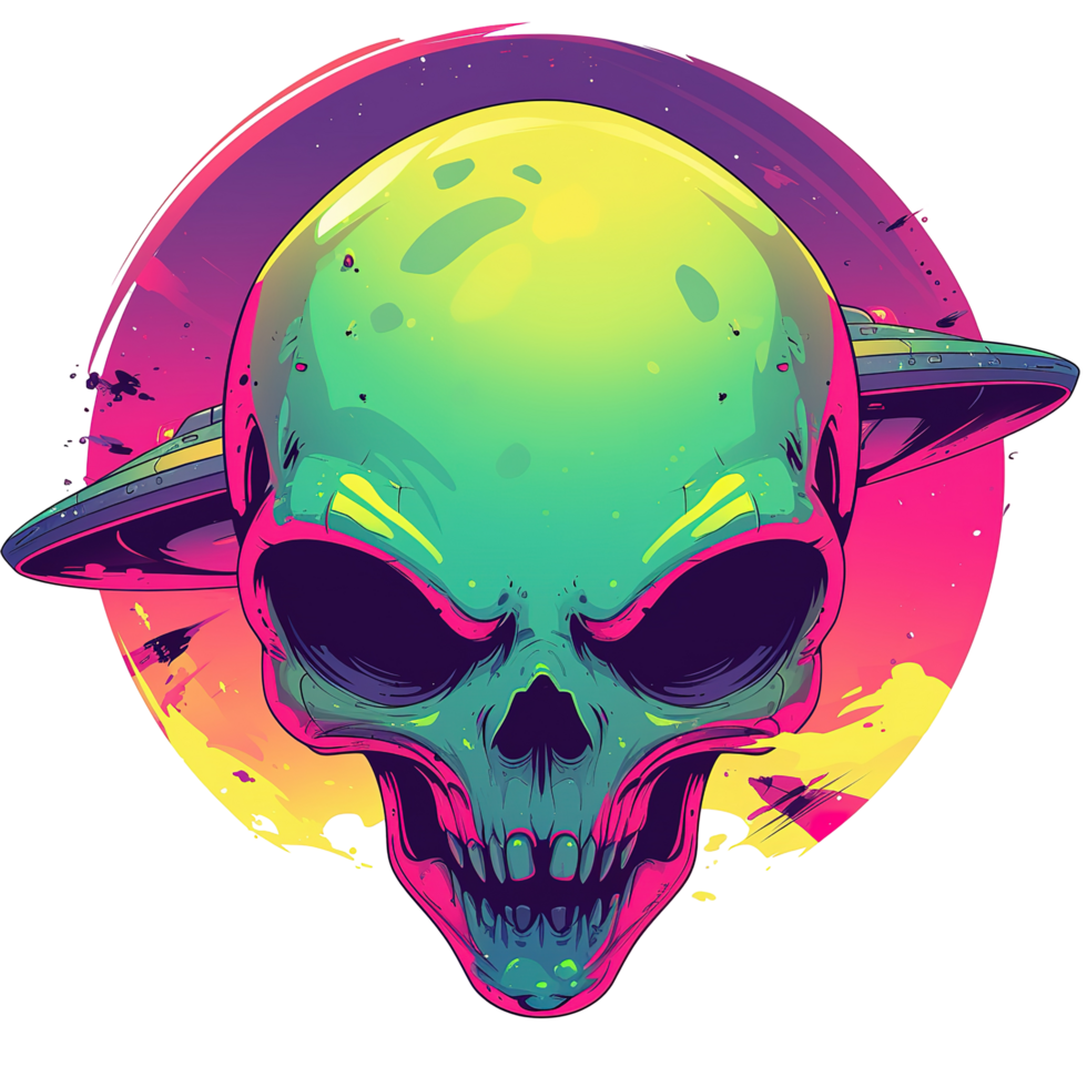 A colorful alien skull with spaceship and vibrant background colors png