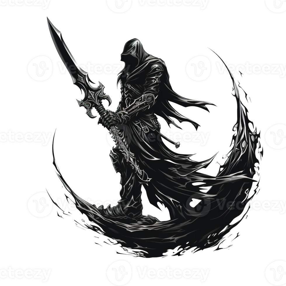 Mysterious robed figure holding a large ornate sword menacingly png