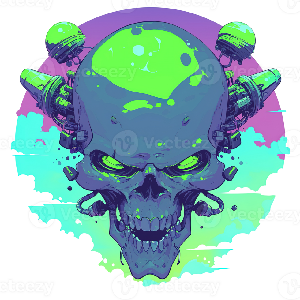 An artistic depiction of a stylized skull with cybernetic components png