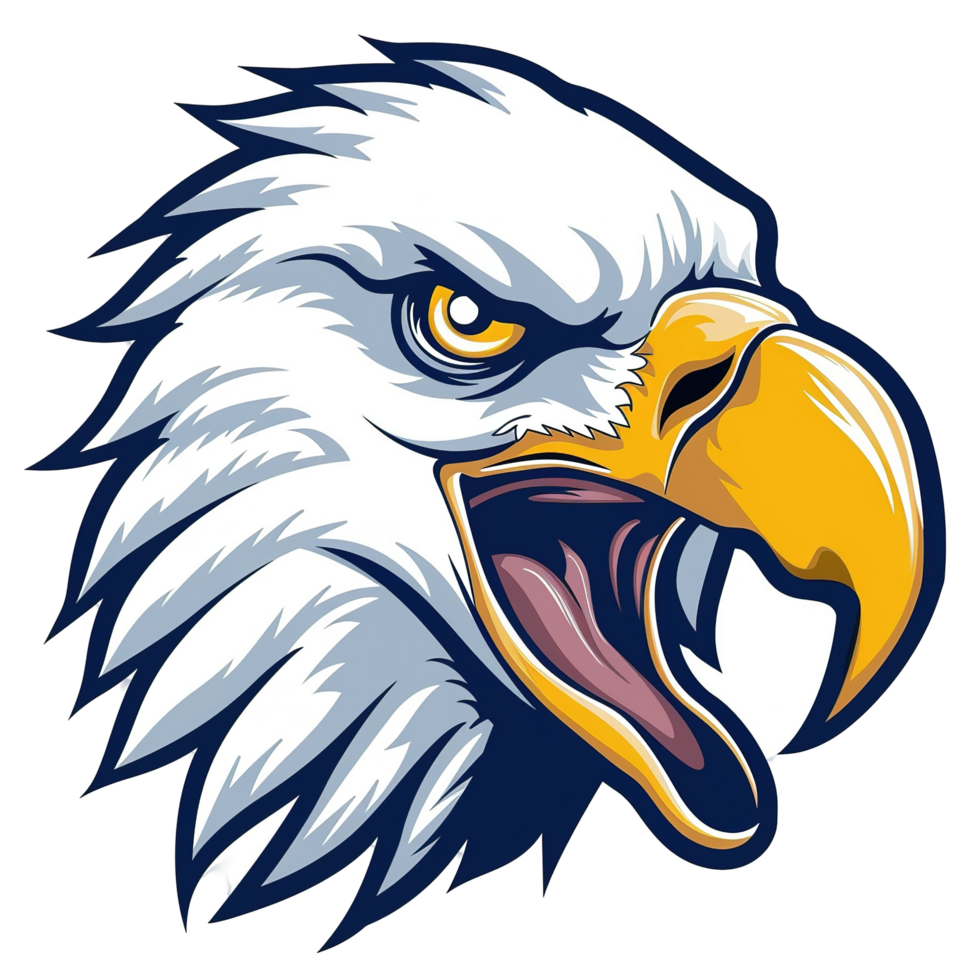 An illustration depicts an eagle head with piercing golden eyes png