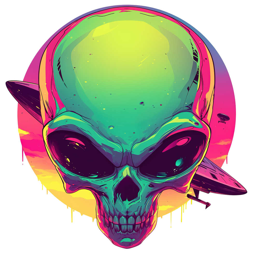 An alien skull with bright colors and flying saucers in the background png