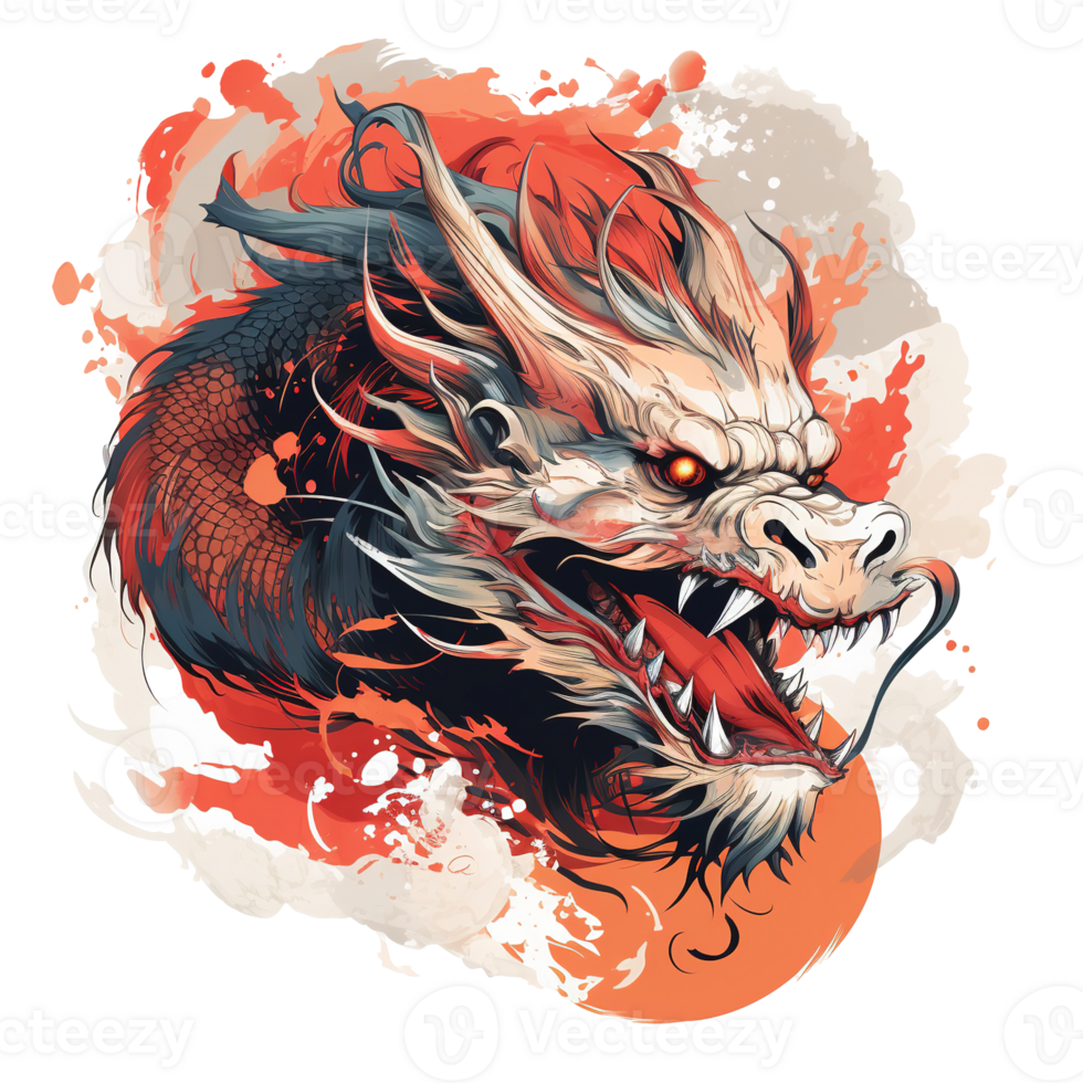 A detailed artistic illustration of a fearsome mythical dragon head png