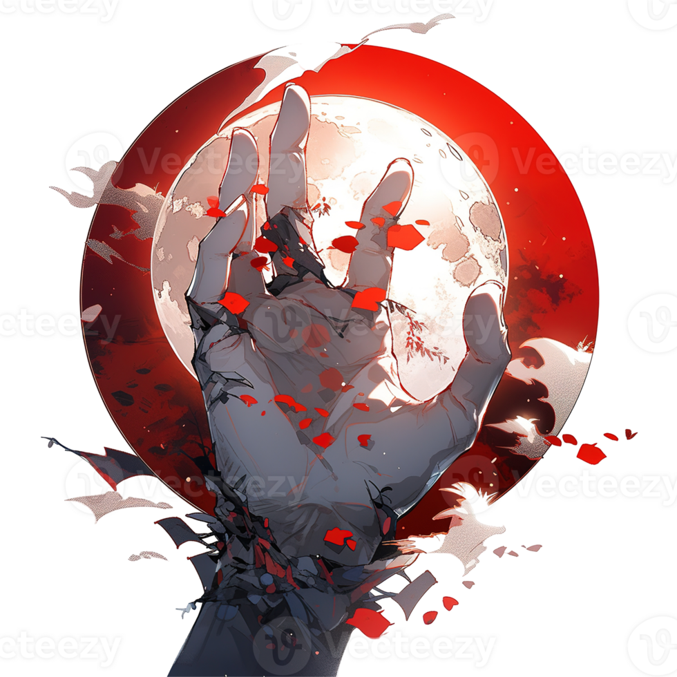 A rendered hand reaching towards the moon with red petals falling png