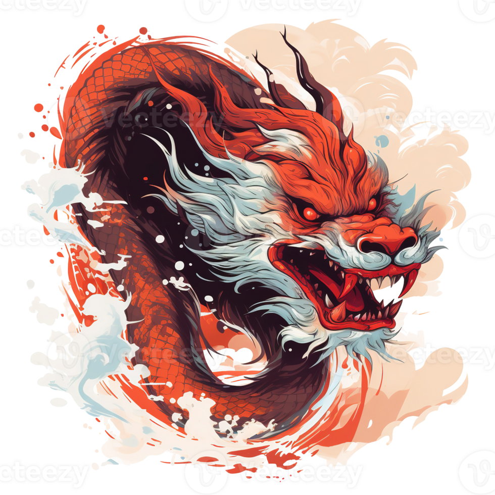 Fierce red dragon with white beard emerges from turbulent water png