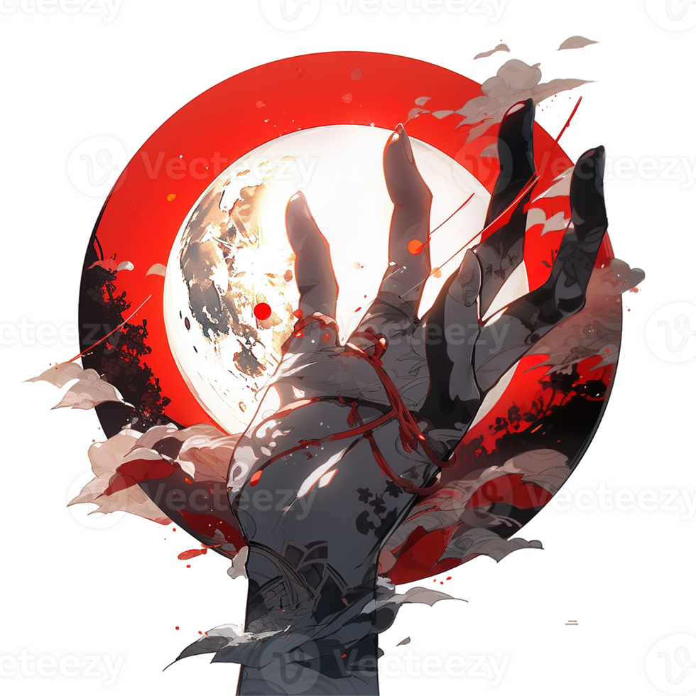 A large hand reaching toward the moon and its red surrounding png
