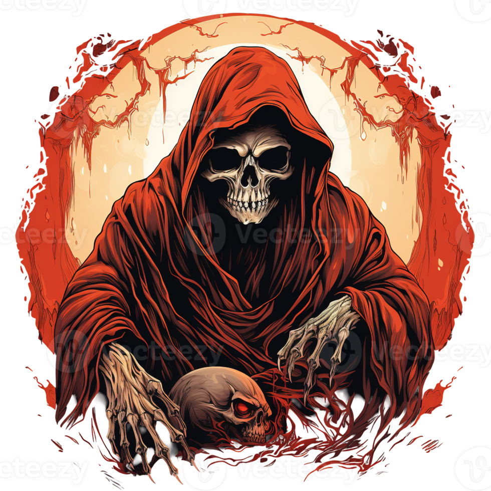 Grim Reaper Figure In Red Hood Holding A Skull png
