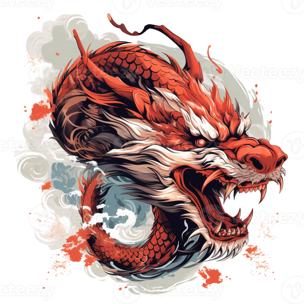 A detailed illustration showing a fierce red and white dragons head png