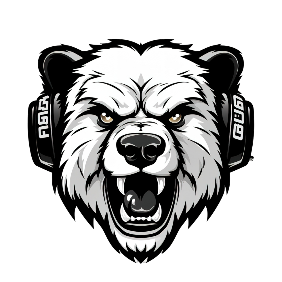 A menacing bear face wearing headphones on a transparent background png