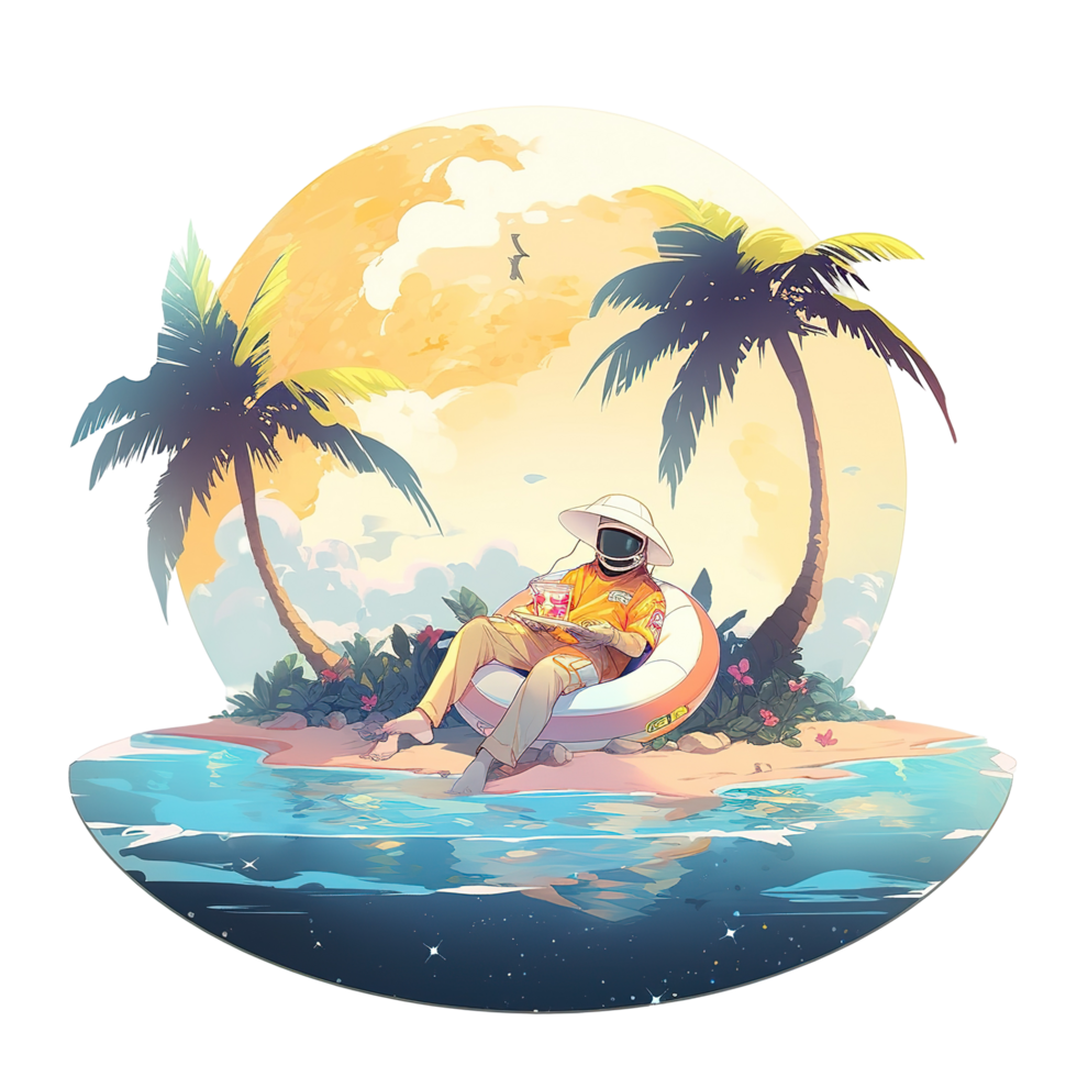 An astronaut relaxes on a tropical beach in a sunny environment png