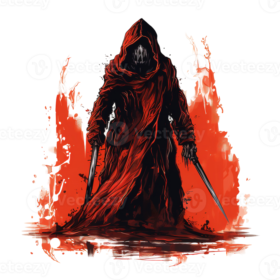 A robed figure holding two swords stands with fiery background png