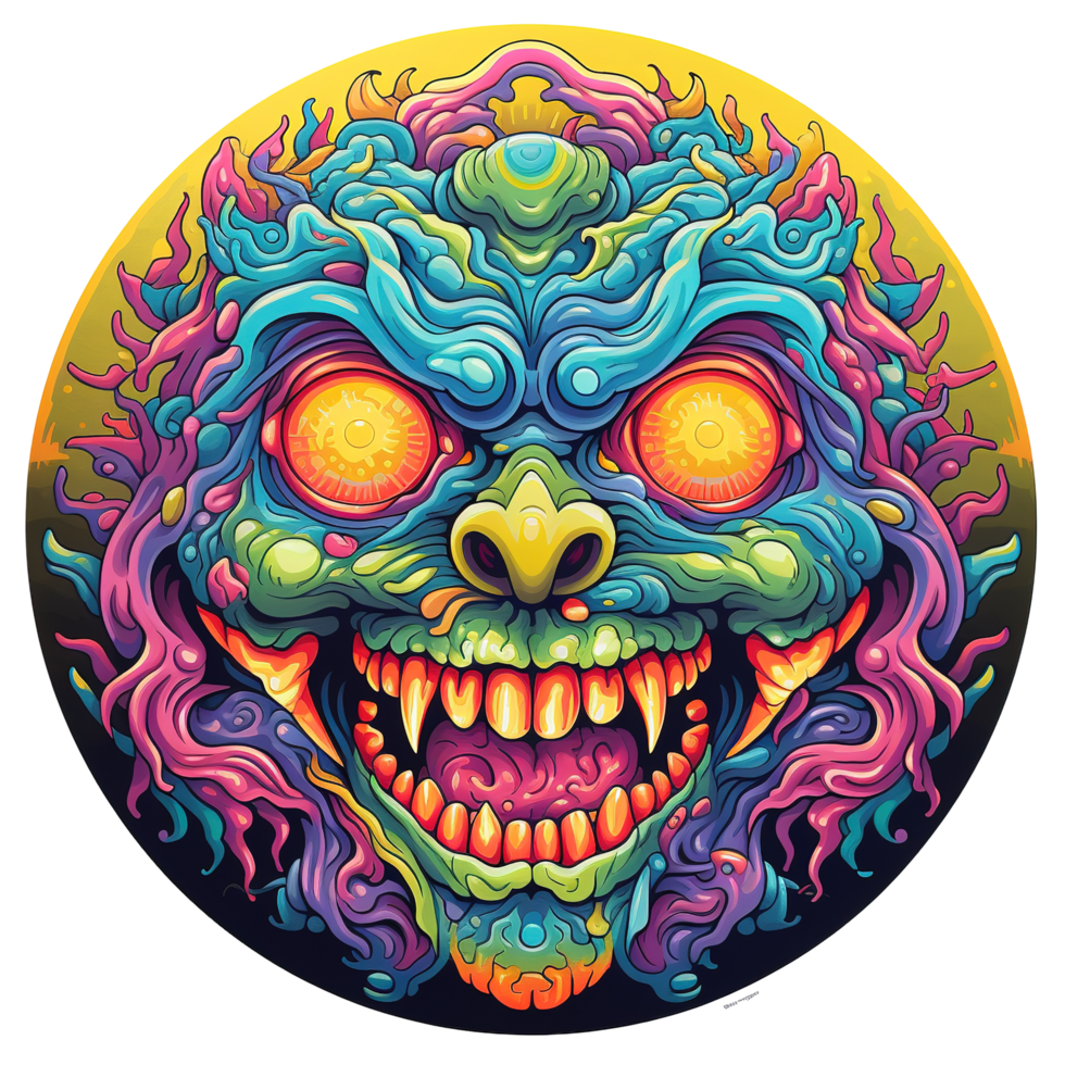 A colorful and expressive artistic rendering of a monster face png