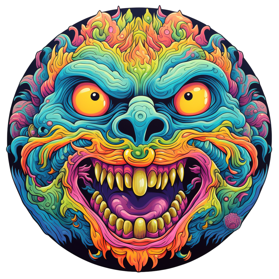 A vibrant cartoon monster with sharp teeth and glowing eyes png