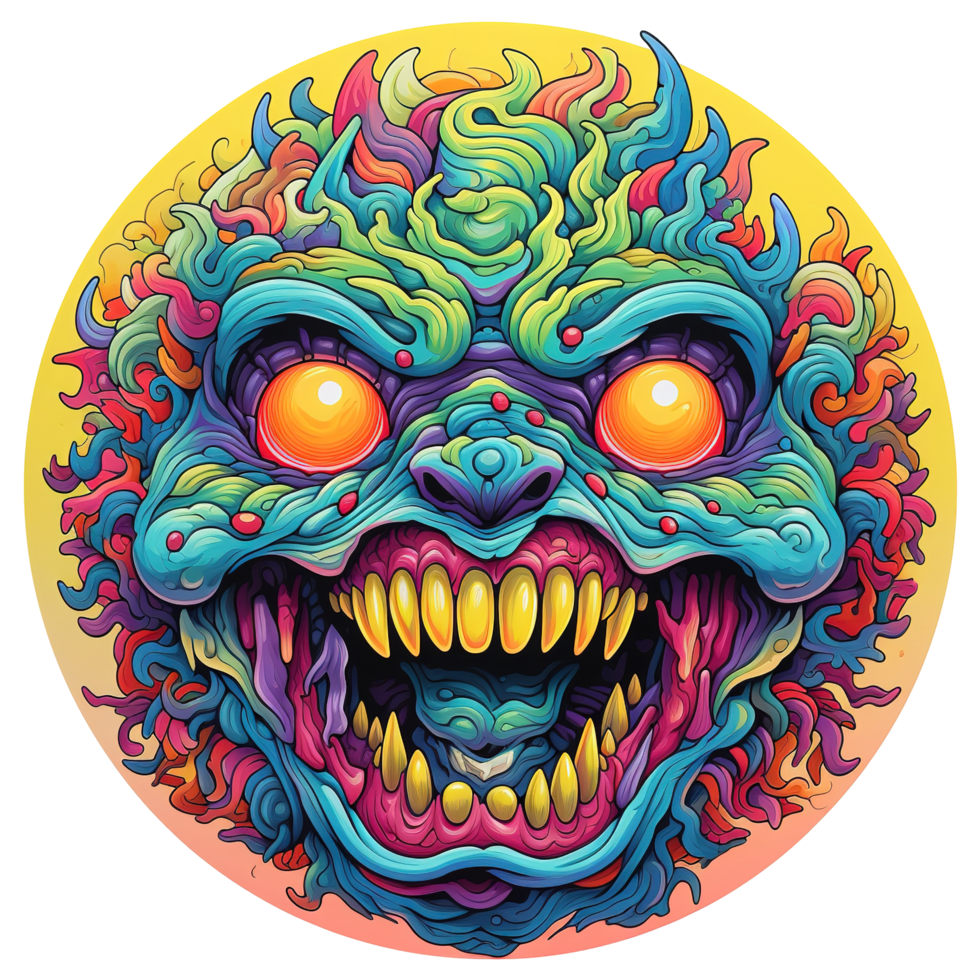 A colorful digital illustration of a grotesque monster face png